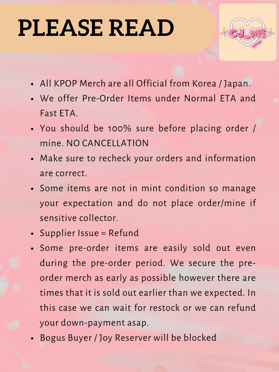 CJ_MEph's tweet photo. ❗ PLEASE READ BEFORE PLACING ORDER❗

ONHANDS = #CJ_MEonhands
PH GO / PRE-ORDER = #CJ_MEphgo
UPDATES = #CJ_MEupdates
SHIPMENTS = #CJ_MEshipments
FEEDBACKS = #CJ_MEfeedbacks
GIVEAWAYS = #CJ_MEgiveaways

❗Masterlist = https://t.co/F676IdMveZ https://t.co/NZJrwK3O1j