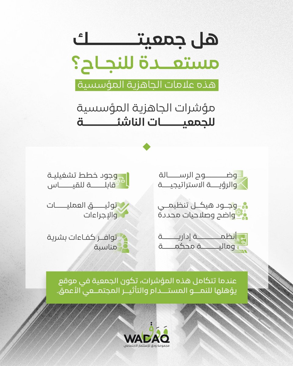 wadaqksa's tweet photo. الجاهزية المؤسسية هي الأساس الذي تُبنى عليه المشاريع الناجحة
تعرف على أبرز مؤشرات الجاهزية، 
وخذ أول خطوة نحو بناء جمعية قادرة على تحقيق أثر مستدام 
#ودق_للاستثمار_الاجتماعي https://t.co/32ovVcv5vn
