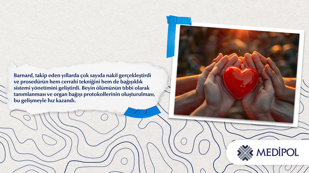 🥼 1967’de Dr. Christiaan Barnard, Güney Afrika’da ilk başarılı kalp naklini gerçekleştirdi.

🫀 Genç bir donörden alınan kalp, kalp yetmezliği yaşayan 53 yaşındaki Louis Washkansky’ye nakledildi.

📍 Operasyon modern kalp cerrahisinde çığır açtı; organ nakli etik, teknik ve