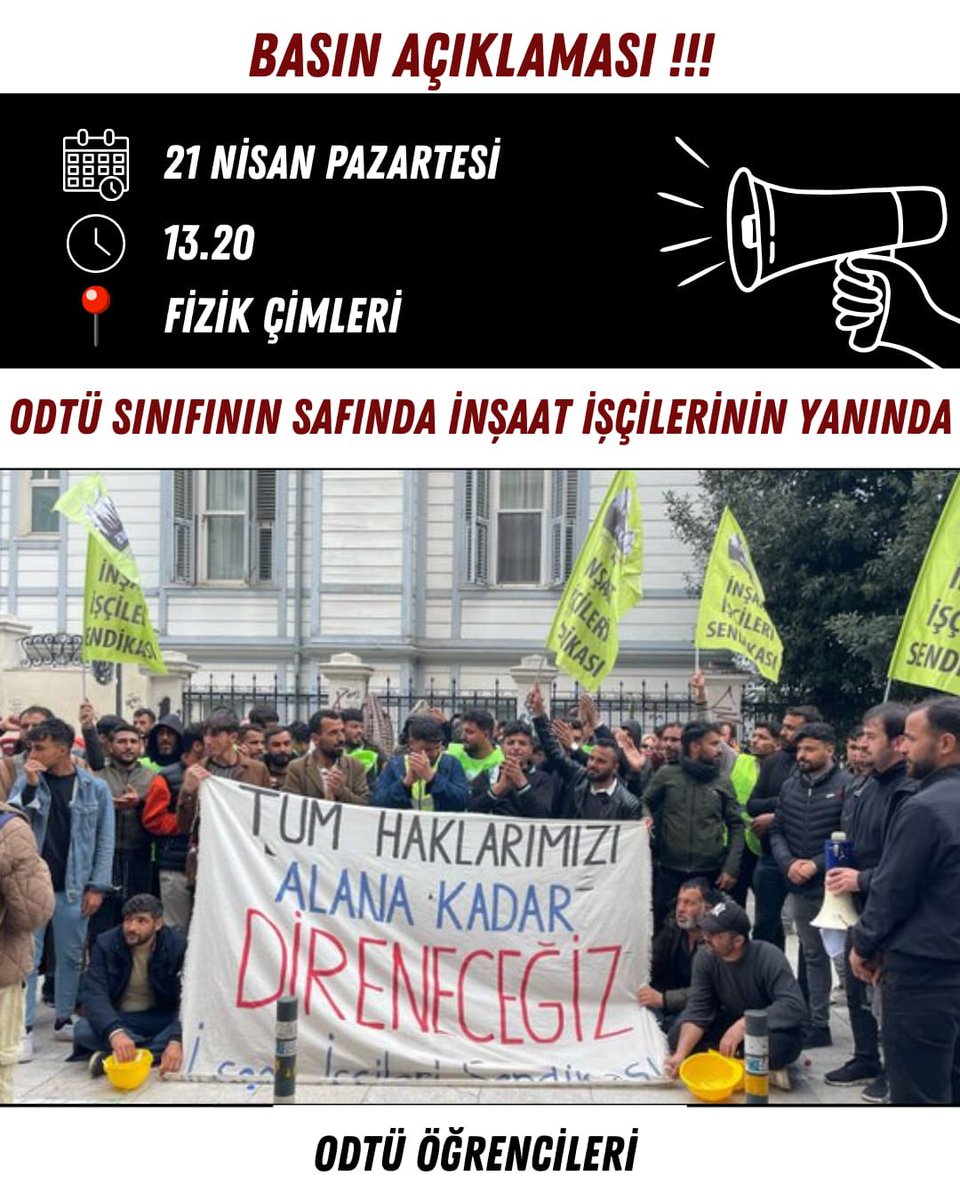 ODTÜ öğrencileri direnişimiz için kampüslerinden dayanışmayı büyütüyorlar.

ODTÜ Sınıfının Safında İnşaat İşçilerinin Yanında şiarıyla Fizik Çimlerine basın açıklaması için çağrı yaptılar.

Bizlerde direniş alanımızdan ODTÜ öğrencilerini selamlıyoruz.

Kurtuluş yok tek başına
Ya