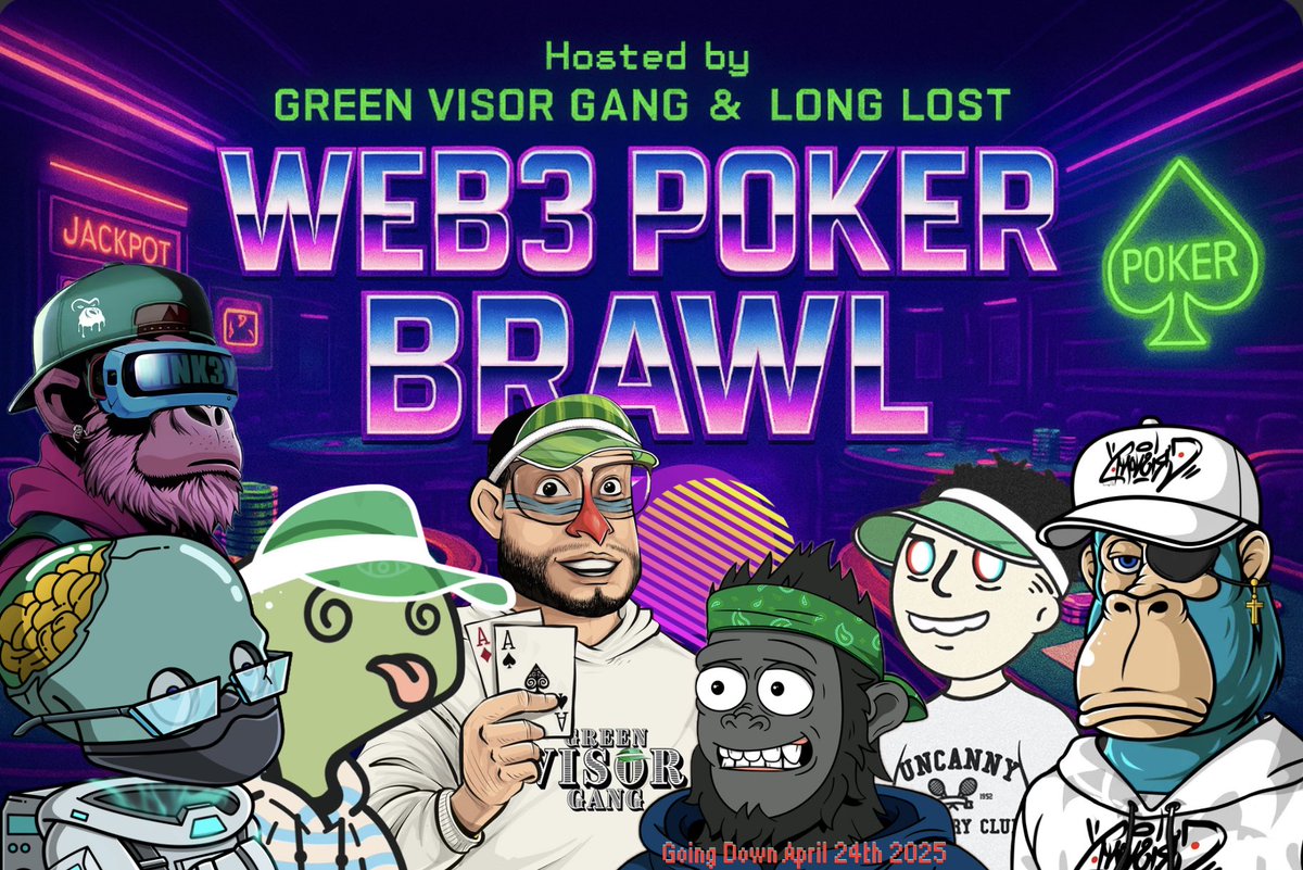 GreenVisorGang.eth (@greenvisorgang) on Twitter photo 🎭 The lineup is LOCKED.
8 NFT communities are about to throw down in the ultimate Web3 poker standoff.
🥇 GVG Phase 4+ <a href="/LongLostNFT/">Long Lost</a> + <a href="/GoldenBaboons/">Golden Baboons & Rascals</a>+ <a href="/UncannyCC/">UNCANNY</a> NFT’s
🥈 30 GG Chip's+ <a href="/ShreddingSassy/">Shredding Sassy</a> + <a href="/mnk3ylabs/">MNK3YS</a> NFT’s
🥉 25 GG Chips+ <a href="/UncannyCC/">UNCANNY</a> NFT
4️⃣ 15 GG Chips+ 🎭 The lineup is LOCKED.
8 NFT communities are about to throw down in the ultimate Web3 poker standoff.
🥇 GVG Phase 4+ <a href="/LongLostNFT/">Long Lost</a> + <a href="/GoldenBaboons/">Golden Baboons & Rascals</a>+ <a href="/UncannyCC/">UNCANNY</a> NFT’s
🥈 30 GG Chip's+ <a href="/ShreddingSassy/">Shredding Sassy</a> + <a href="/mnk3ylabs/">MNK3YS</a> NFT’s
🥉 25 GG Chips+ <a href="/UncannyCC/">UNCANNY</a> NFT
4️⃣ 15 GG Chips+