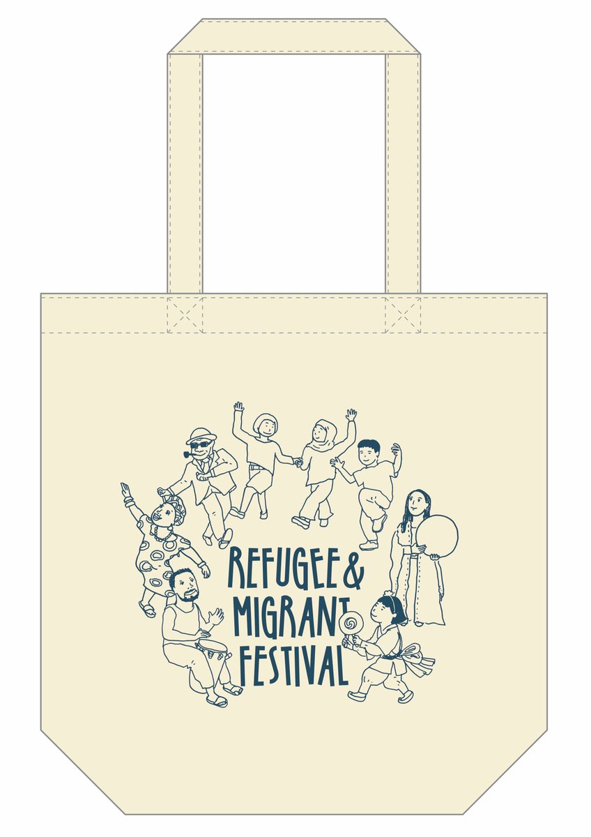 refugeemigrant's tweet photo. 【公式グッズに新作登場！】しっかり大きめのトートバッグが初見参。金井真紀描き下ろし「みんなで踊る」イラストを、デザイナーの川名潤さんが楽しくてかっこいい最高のデザインに仕上げてくださいました。たっぷりお買い物のお供にどうぞ。（続く） https://t.co/Cf4ggoag1p