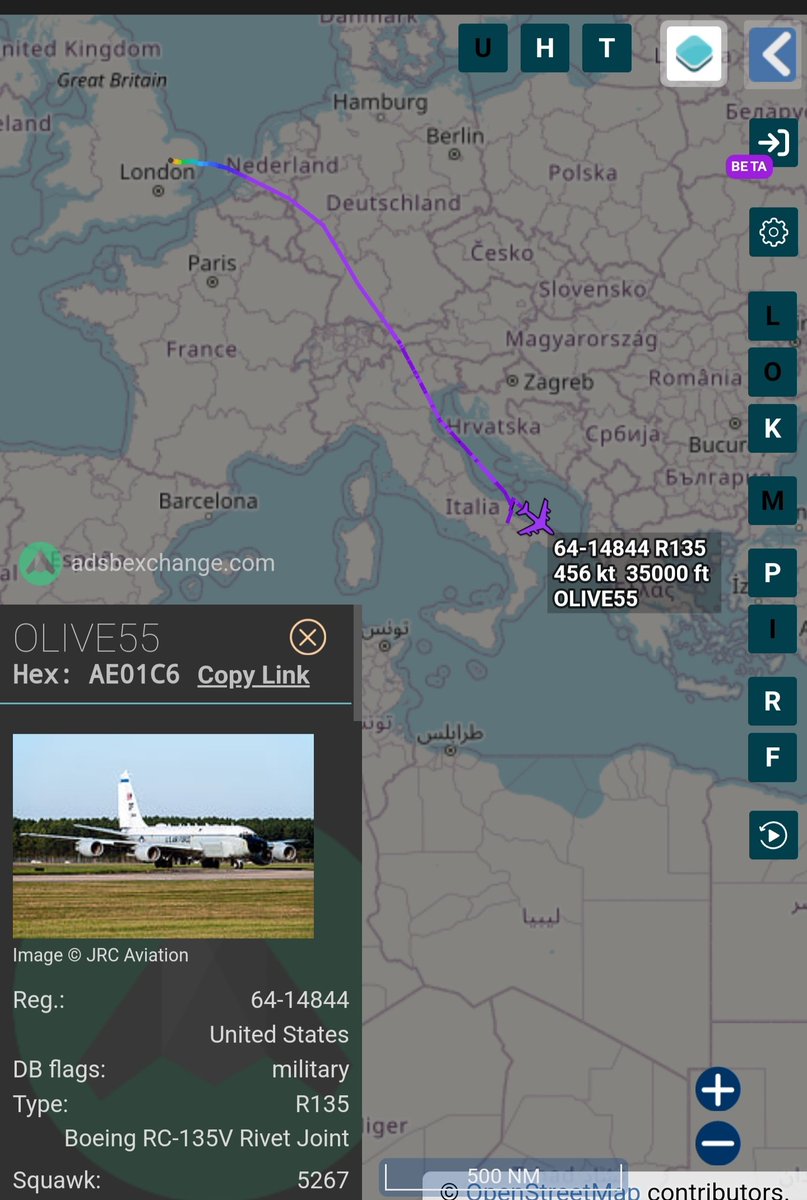 sipjack1776's tweet photo. RC-135V Rivet Joint 🇺🇲
64-14844/OLIVE55
#AE01C6
Tracking SE out of RAF Mildenhall, currently over Italy. This aircraft typically uses the "JAKE17" callsign
@Borrowed7Time @stefano_alessi https://t.co/Jh7NnraOqT