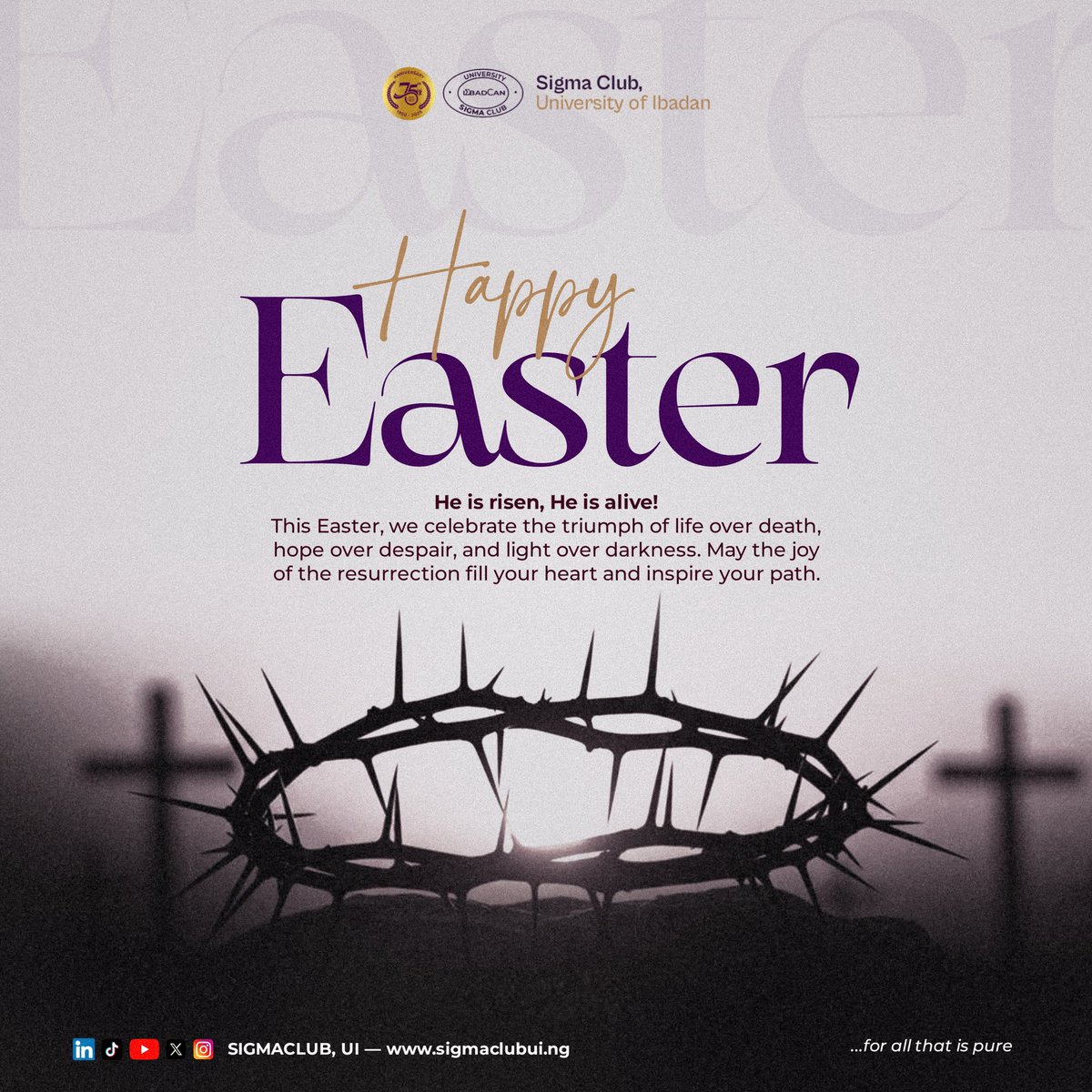 This Easter, we celebrate the victory of life over death, hope over despair, and light over darkness. May the joy of the resurrection renew our spirits and guide our steps.

Happy Easter from Sigma Club! 💜💛

#SigmaClubUI