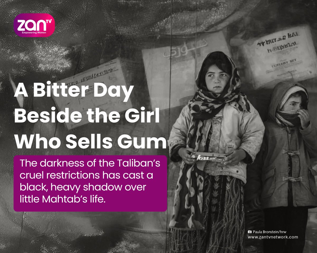 ZANTV's tweet photo. The darkness of the Taliban’s cruel restrictions has cast a black, heavy shadow over little Mahtab’s life.

She is one of 160 million child laborers in the world, running from dawn to dusk in one of Afghanistan’s major cities, straining her voice to sell five-Afghani gum in order to afford the medicine that cost thousand Afghani for her suffering mother.

The clock shows 7:10 in the morning, and I find Mahtabi in a corner of Herat city, hidden deep in sorrow and grief. A sorrow that bends the strong shoulders of adults and weakens the sturdy arms of the youth.

The pain of not having money for her mother’s treatment, who lies ill at home, on one side, and the lack of a breadwinner, being an orphan, the empty table, and the sorrow of her two little sisters' hungry stomachs on the other, all weigh heavily on this child laborer's small shoulders.

Read More: https://t.co/W8okVj9TqN