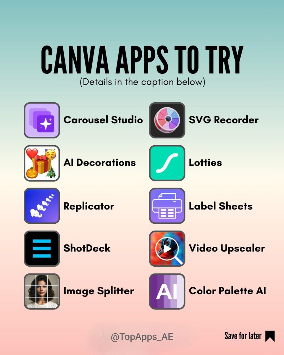 TopAppsHub's tweet photo. تطبيقات Canva التي عليك تجربتها!
Canva Apps that you have to try! ❤️SAVE THIS! https://t.co/D7oCTLPKM7