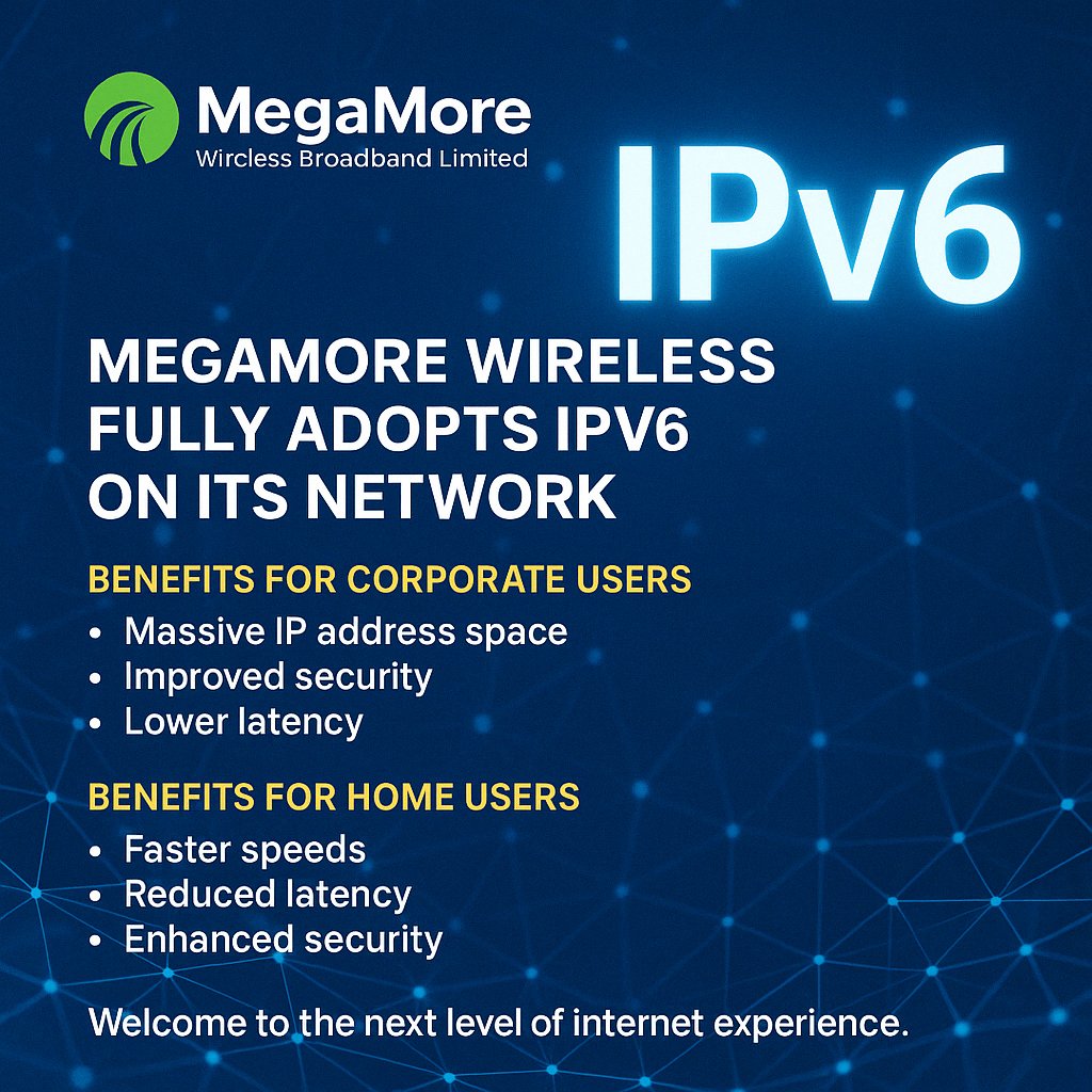MegamoreB's tweet photo. MegaMore Goes Full IPv6 – A Faster, Smarter &amp; More Secure Future. We proudly announce that MegaMore Wireless Broadband ltd has fully adopted IPv6 across our network infrastructure.
#IPv6 #MegaMore #FasterInternet #DigitalNigeria #TechForward #rescueafrinic #saveafrinic #afrinic https://t.co/OdSOv5Efdn