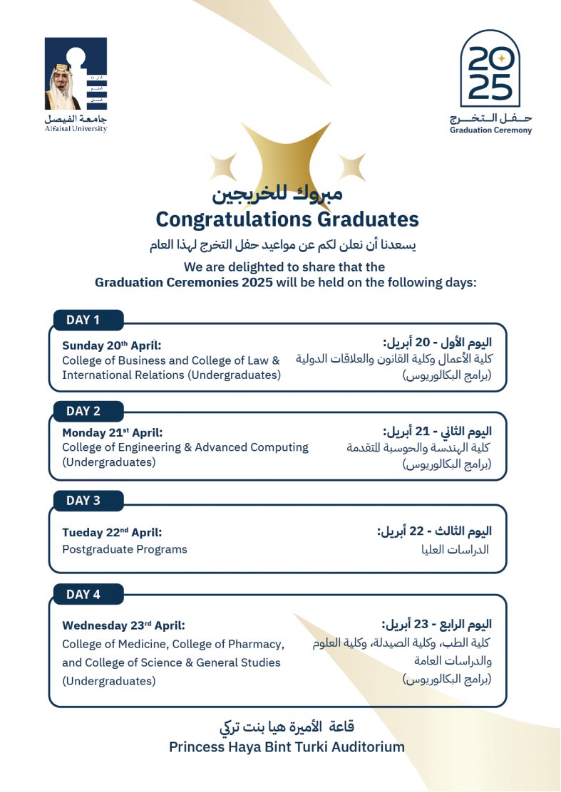 650 طالبة وطالب من برامج البكالوريوس و255 طالبة وطالب من برامج الماجستير والدبلوم العالي في #جامعة_الفيصل  يستعدون لحفل التخرج لعام 2025!
This year, 650 undergraduate and 255 postgraduate students are set to graduate from #Alfaisal_University 
A huge congratulations to the Class