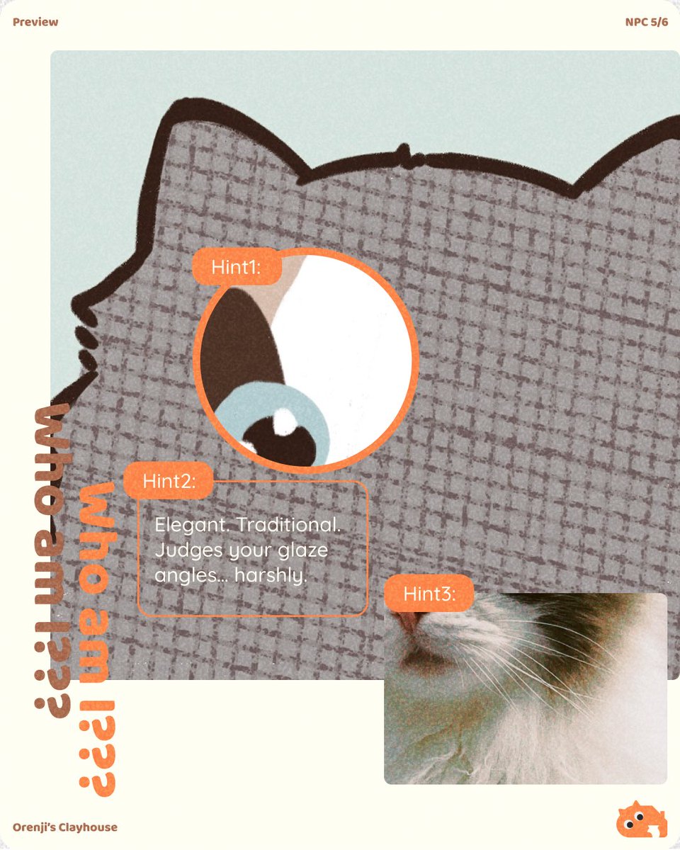 OrenjisClay's tweet photo. NPC 5/6 :
Elegant. Traditional. Judges glaze angles with silent precision.
She doesn’t speak much, but her stare says “redo that bowl.”

#CozyGame #IndieGameDev #OrenjisClayhouse #CatNPC #PotteryCat https://t.co/2Z7JDamzYH