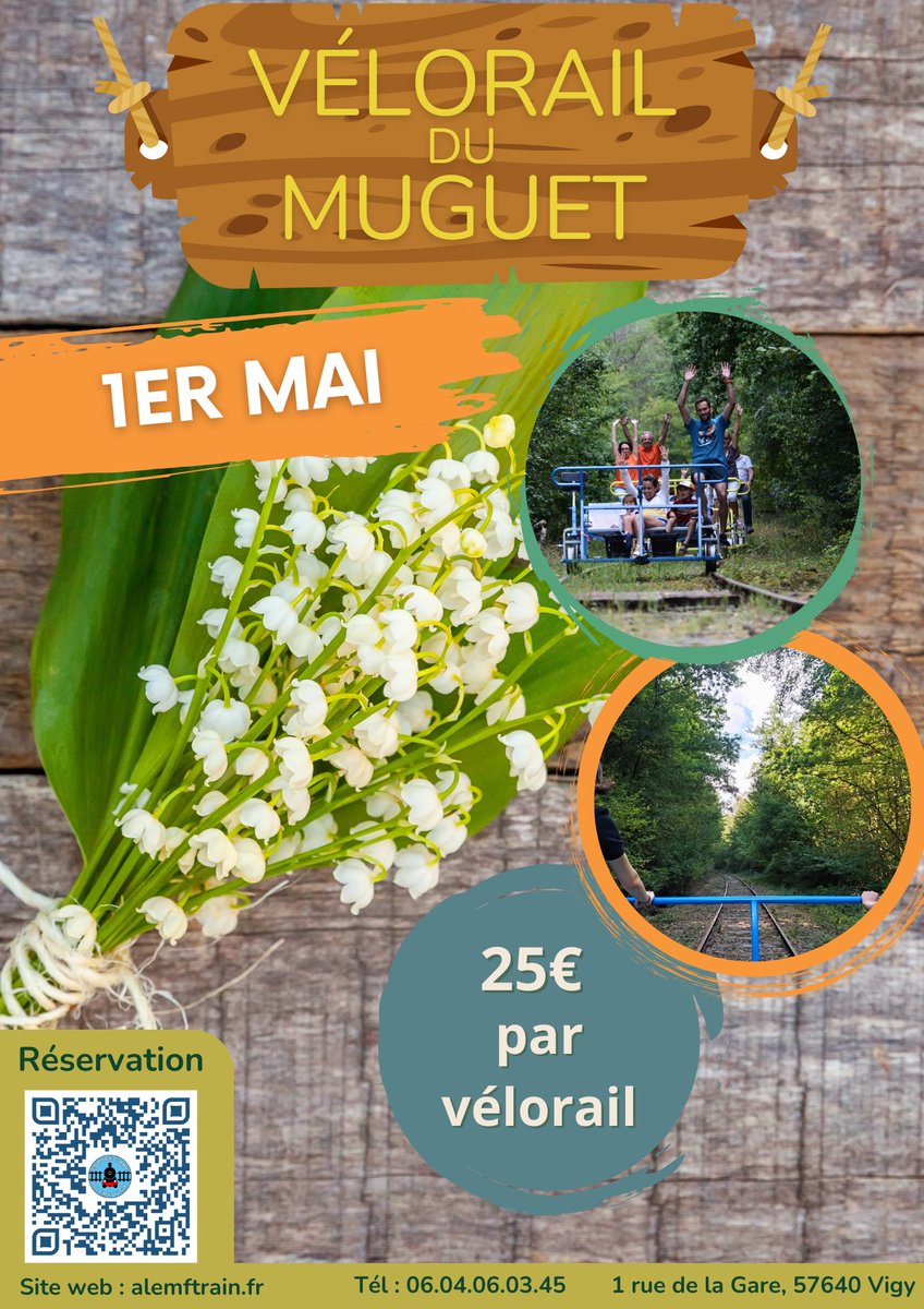 A vos agendas📔! 

La saison vélorail démarre avec le vélorail du muguet !
venez vous balader jusqu’à l’arrêt bois joli et partir à la chasse au muguet 

Départs à 14h et 16h 

Réservation sur notre site internet : alemftrain.fr/Reservation/re…