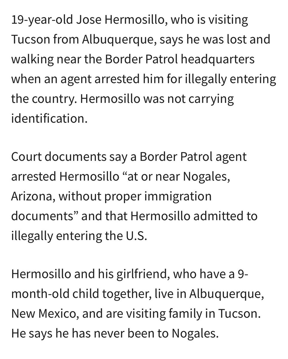 Aaron Reichlin-Melnick (@reichlinmelnick) on Twitter photo Border Patrol arrested a US citizen from Albuquerque walking on the street near BP Headquarters in Tucson. The agent who arrested him seems to have lied and said he was picked up in Nogales (an hour south of Tucson) and admitted entering illegally.
He was detained for 10 days. Border Patrol arrested a US citizen from Albuquerque walking on the street near BP Headquarters in Tucson. The agent who arrested him seems to have lied and said he was picked up in Nogales (an hour south of Tucson) and admitted entering illegally.
He was detained for 10 days.