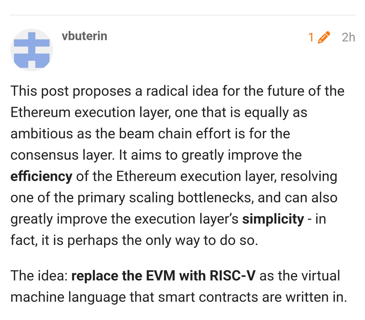 ckbsamurai's tweet image. CKB led the way with RISC-V based VM: Vitalik proposes switching from EVM to a RISC-V model similar to CKB-VM
This would be a monumenal shift in approach @VitalikButerin 👏
ethereum-magicians.org/t/long-term-l1…