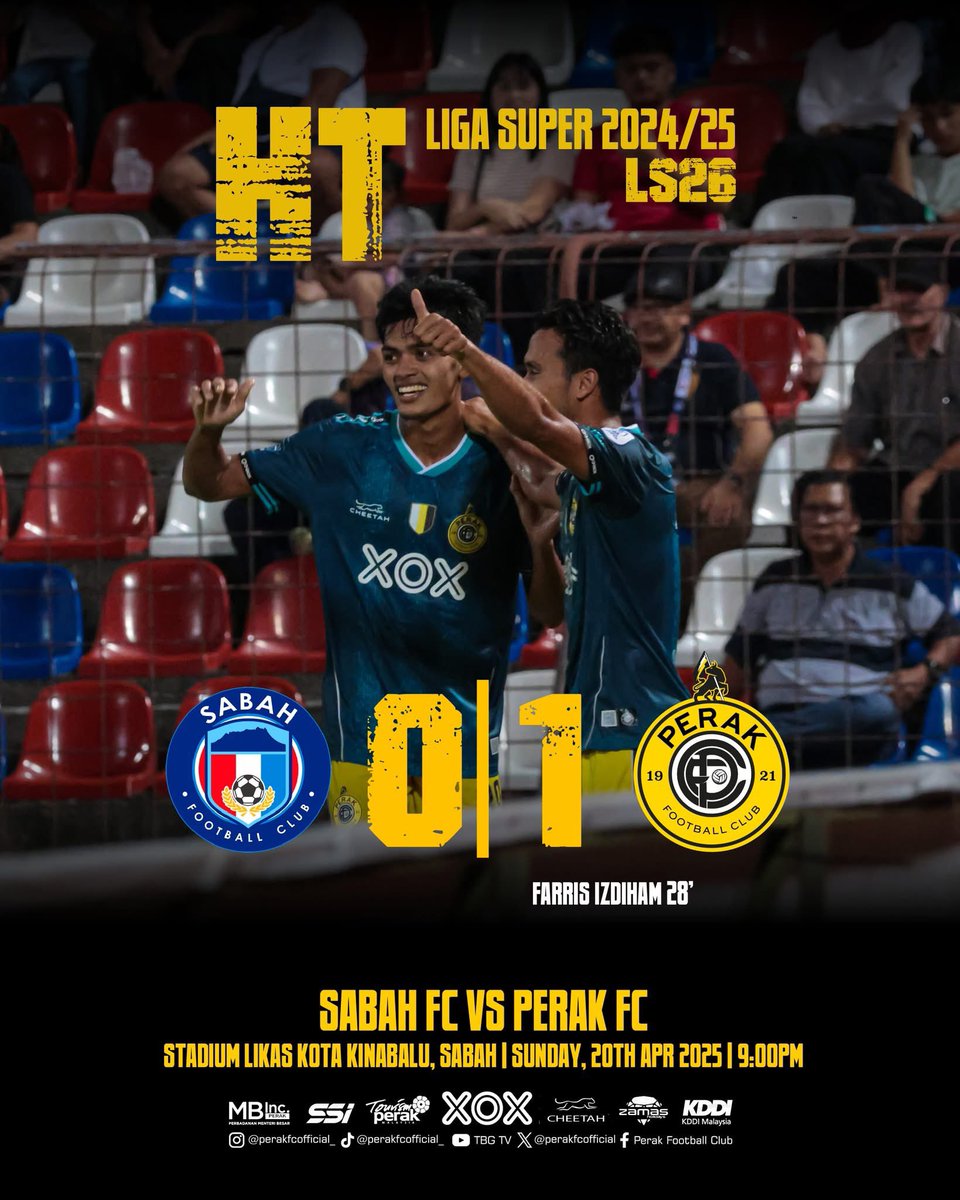 𝗛𝗔𝗟𝗙 𝗧𝗜𝗠𝗘!
 
Tamat separuh masa pertama, Perak FC mendahului!

🤍💛🖤

#SABvPRK