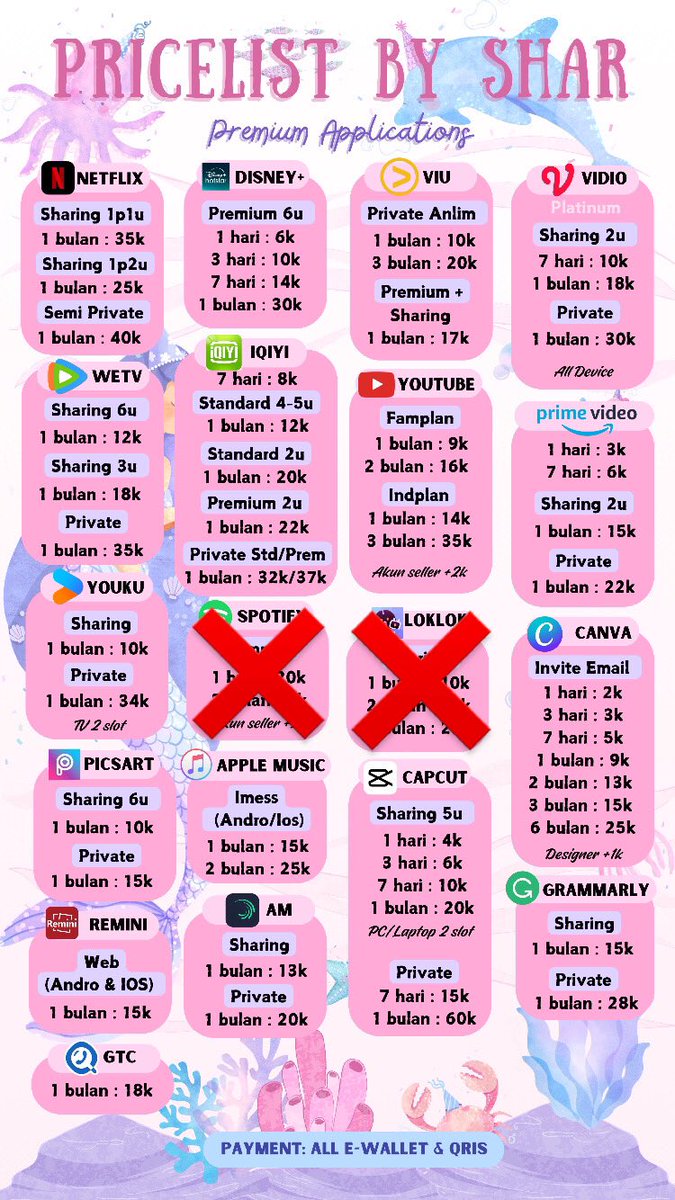 bismillah wtb wts aku yg jual ready netflix disney viu vidio wetv iqiyi youtube prime video youku picsart remini canva apple music capcut alight motion grammarly get contact sewa upgrade zoom pro premium per jam hari bulan murah full garansi proses cepet💯😍

 #zonauang