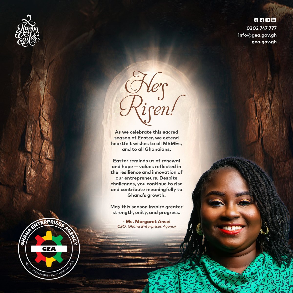 Easter is a reminder that every setback can lead to a powerful comeback. This season, we celebrate the resilience of Ghana’s entrepreneurs who rise, rebuild, and renew every day. Happy Easter from our CEO, <a href="/magoo_ndc/">Magoo - Margaret Ansei</a>  and all of us at <a href="/gea_ghana/">Ghana Enterprises Agency</a>.