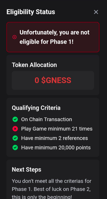 <a href="/abireh2023/">AbirEH</a> <a href="/Gamenessapp/">Gameness</a> He/She is actually right. <a href="/Gamenessapp/">Gameness</a> is a SCAM. 

This is what they did to me:

Yesterday, I was shown as eligible with 0 allocation. After contacting support, it now says I'm ineligible for not playing 21 times. 

#CryptoScam #Airdrop