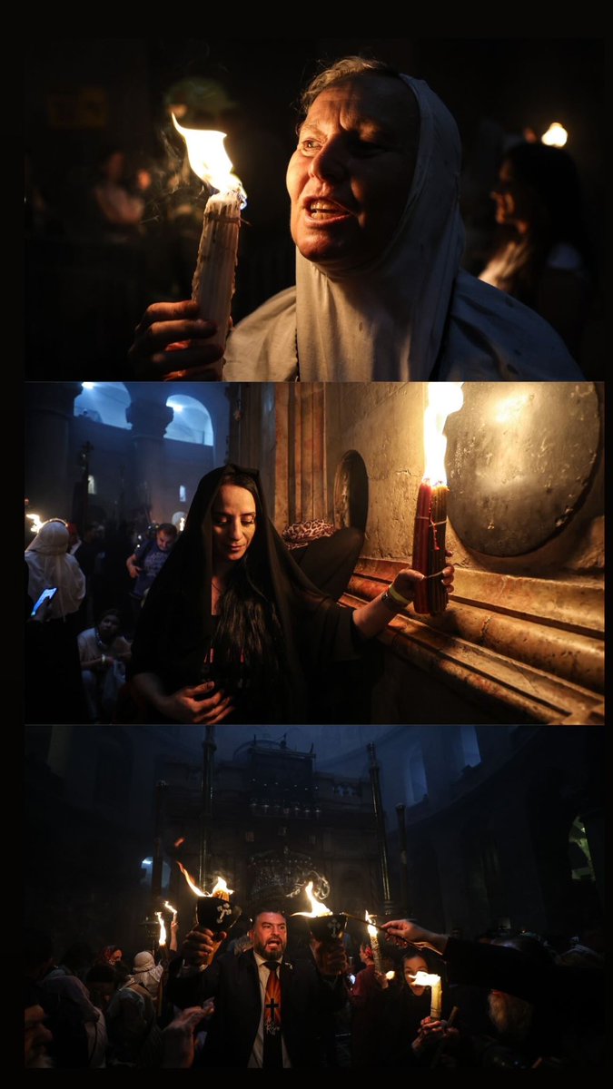 Christian pilgrims light candles during the Holy Fire ceremony, at the Church of the Holy Sepulcher, the site where according to tradition Jesus was crucified and buried, in Jerusalem's Old City, Saturday, April 19, 2025.

#HolySepulchre #Church #Jerusalem #HolyFire