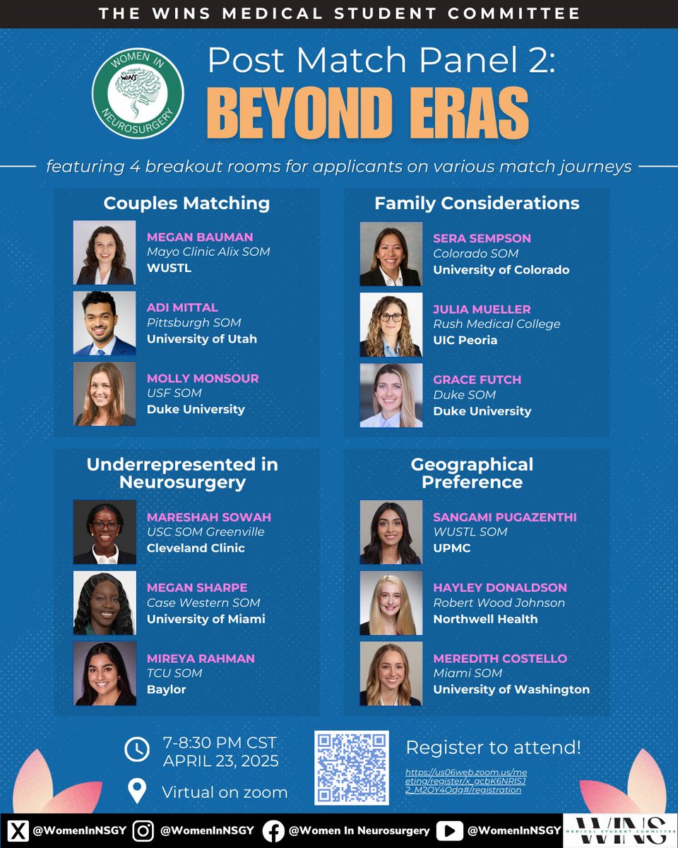 #Match2025  season may be over, but #Match2026  is just beginning. 🧠Join WINS for Part 2 of our Post-Match Panel Series, featuring 12 med students who share how they tackled the #neurosurgery match—from navigating as a URM to making couples match work and everything in between.