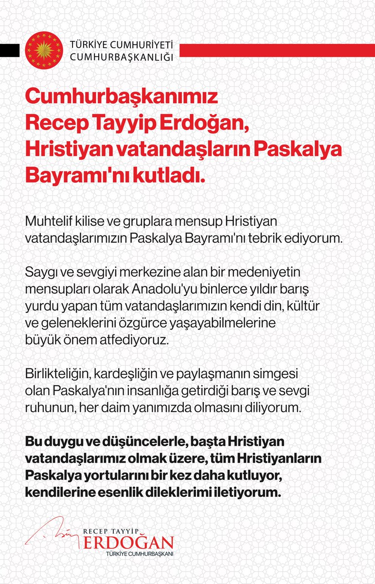 Cumhurbaşkanımız <a href="/RTErdogan/">Recep Tayyip Erdoğan</a>: “Saygı ve sevgiyi merkezine alan bir medeniyetin mensupları olarak Anadolu'yu binlerce yıldır barış yurdu yapan tüm vatandaşlarımızın kendi din, kültür ve geleneklerini özgürce yaşayabilmelerine büyük önem atfediyoruz.”