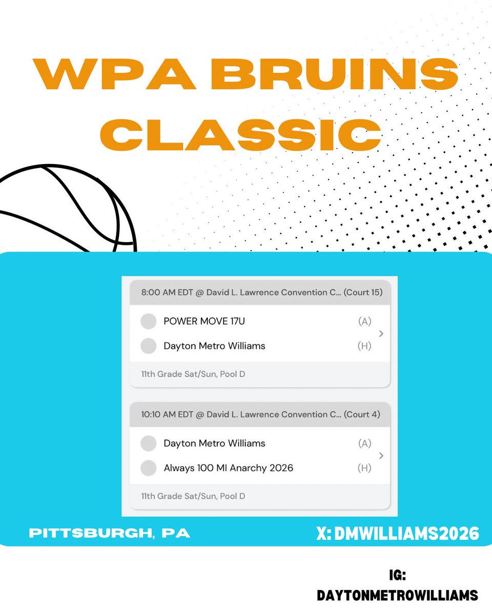 Dayton Metro Williams (@dmwilliams2026) on Twitter photo Come check us out today at the WPA Bruins Classic!
Game 1: 8:00am, Court 15
Game 2: 10:10am, Court 4
#daytonmetrobasketball <a href="/DayMetroHoops/">Dayton Metro Hoops</a> <a href="/Elite40League/">Elite 40 League</a> Come check us out today at the WPA Bruins Classic!
Game 1: 8:00am, Court 15
Game 2: 10:10am, Court 4
#daytonmetrobasketball <a href="/DayMetroHoops/">Dayton Metro Hoops</a> <a href="/Elite40League/">Elite 40 League</a>