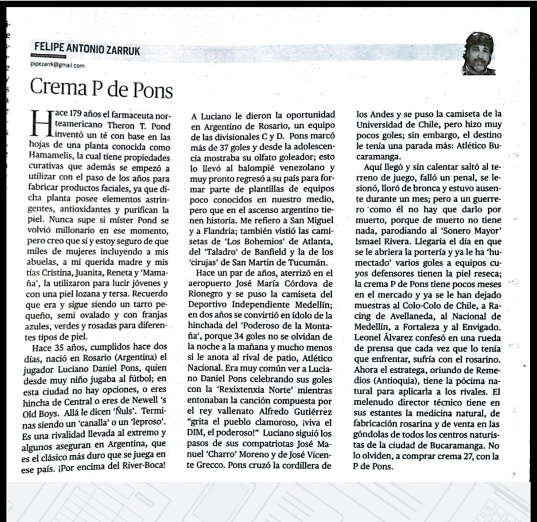 Felipe Zarruk Diazgranados (@pipezarruk) on Twitter photo Column hoy en Vanguardia <a href="/vanguardiacom/">Vanguardia</a> dedicada al delantero argentino Luciano Pons,goleador del <a href="/ABucaramanga/">Atlético Bucaramanga</a>. .<a href="/eldoctorpelaez/">Hernán Peláez Restrepo</a> <a href="/Juanmgonzalez56/">El Profe Juan Manuel</a> <a href="/andresmarocco/">Andres Marocco</a> <a href="/FabianReporta/">Fabián Blanco</a> <a href="/jotasmantilla/">Jotas Mantilla</a> <a href="/BochaJimenez/">Henry Jiménez</a> <a href="/serpra72/">Sergio Prada</a> <a href="/Jextratiempo/">JAVIER O MANTILLA</a> <a href="/arleydeportes/">Arleydeportes</a> <a href="/Pep_Lozada/">José Leonardo Lozada</a> <a href="/FLSurOficial/">Fortaleza Leoparda Sur</a> <a href="/josasc/">José Orlando Ascencio</a> Column hoy en Vanguardia <a href="/vanguardiacom/">Vanguardia</a> dedicada al delantero argentino Luciano Pons,goleador del <a href="/ABucaramanga/">Atlético Bucaramanga</a>. .<a href="/eldoctorpelaez/">Hernán Peláez Restrepo</a> <a href="/Juanmgonzalez56/">El Profe Juan Manuel</a> <a href="/andresmarocco/">Andres Marocco</a> <a href="/FabianReporta/">Fabián Blanco</a> <a href="/jotasmantilla/">Jotas Mantilla</a> <a href="/BochaJimenez/">Henry Jiménez</a> <a href="/serpra72/">Sergio Prada</a> <a href="/Jextratiempo/">JAVIER O MANTILLA</a> <a href="/arleydeportes/">Arleydeportes</a> <a href="/Pep_Lozada/">José Leonardo Lozada</a> <a href="/FLSurOficial/">Fortaleza Leoparda Sur</a> <a href="/josasc/">José Orlando Ascencio</a>