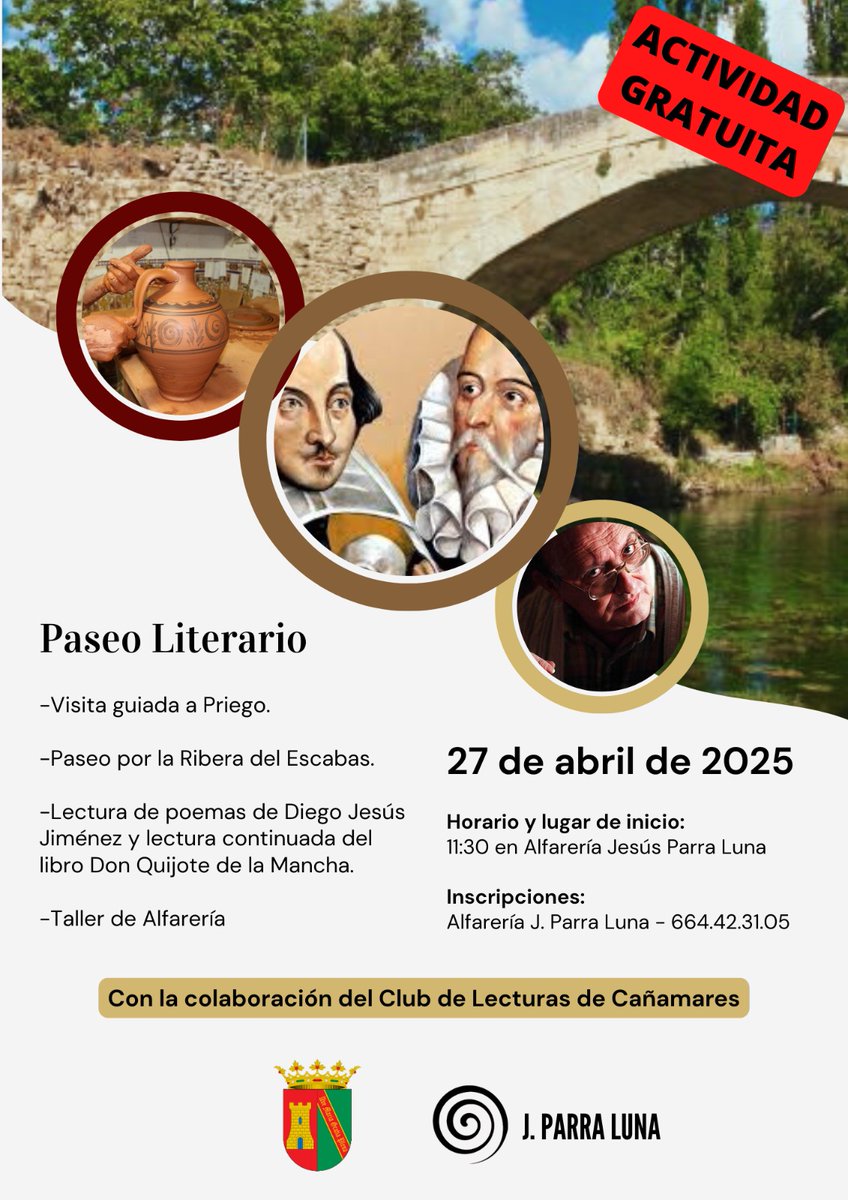 alfarparra's tweet photo. ¡VEN a PRIEGO a celebrar el día del libro!
El domingo 27 de abril 2025, desde la Alfarería J. Jesús Parra Luna, 11'30h, comenzaremos un PASEO LITERARIO, donde la naturaleza, historia, patrimonio , artesanía y POESÍA, se FUNDEN en una experiencia INOLVIDABLE..
Tlf.664 42 31 05 https://t.co/fOj6a5swYH