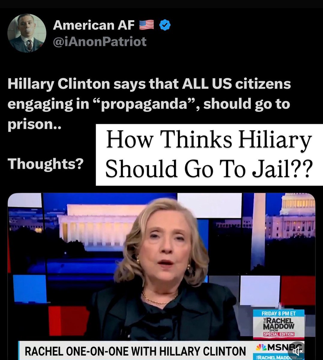 WellsJorda89710's tweet photo. Hillary Clinton says that ALL US citizens engaging in “propaganda”, should go to prison #trump #democrats #hiliaryclinton #republicans https://t.co/anngKwRP6M