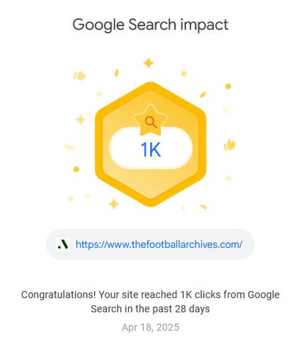 rchivesfootball's tweet photo. GOOGLE ACHIEVEMENT - Didn't know these were a thing until I received this email. It appears the site has been getting plenty of hits from Google searches following a small piece of SEO work over the last few weeks. https://t.co/U7R4rxYYvu