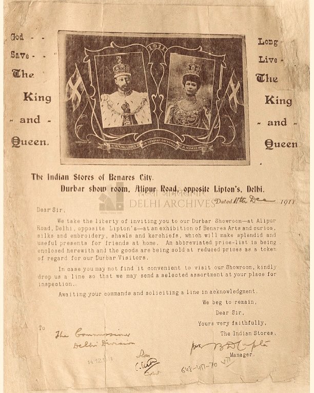 #Document of the Week

An invitation dated 11th December 1911, to the Durbar Showroom-at Alipur Road, Delhi for the exhibition of Benares Arts and curios, silk and embroidery, shawls and kerchiefs for the Durbar visitors. 
#DelhiArchives #Delhidurbar