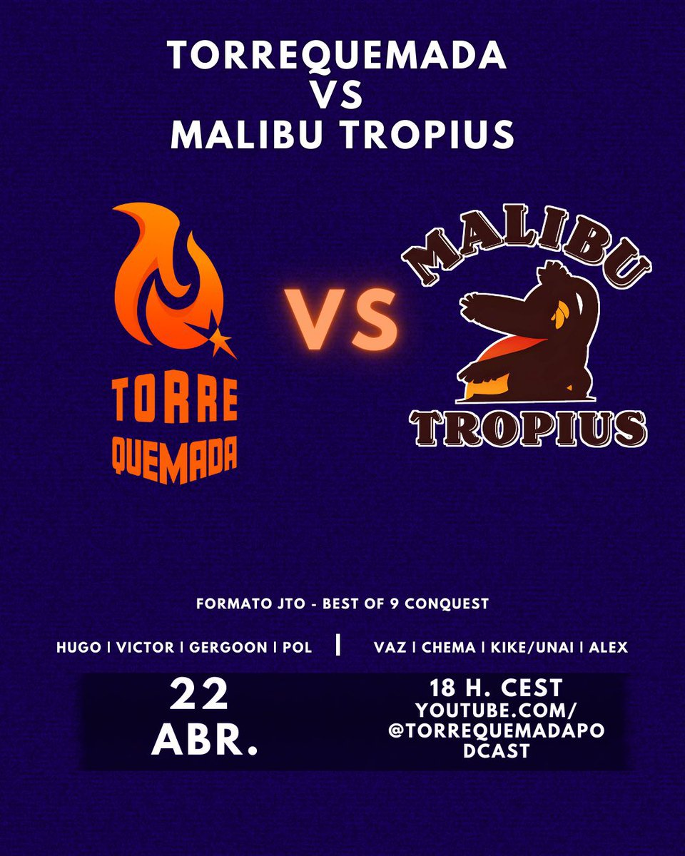 Llega el crossover mas esperado de Pokemon TCG Madrid...

🚨<a href="/torrequemadatcg/">Torre Quemada | Un Pódcast de Pokémon TCG</a> VS <a href="/Malibu_TCG/">Malibú Tropius</a>🚨

El 22 abril a las 18hrs. 

Sigue el enfrentamiento con mas salseo y trashtalk de pokemon.

4vs4 por equipos

bo9 formato Sevilla

Streaming en ambos canales ⬇️⬇️⬇️