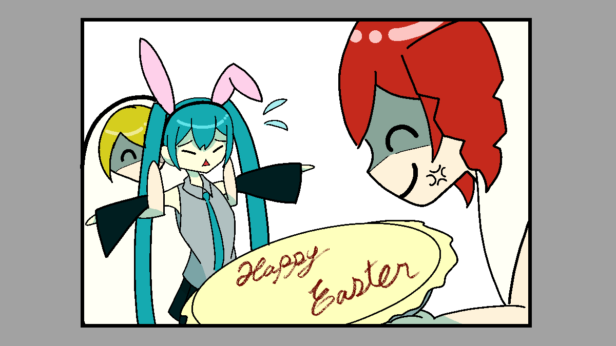 RingoMotitsuki's tweet photo. 「「笑ったな？」」
＃初音ミク #重音テト #亞北ネル  ＃ボーカロイド #イースター  #HappyEaster https://t.co/8Hkm1I7sox