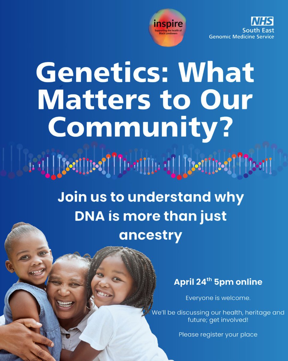 LDN Inspire (@ldninspire_) on Twitter photo ๐งฌ Genetics affects us all. Join our free Zoom event 24 April to explore why genomics matters to Black communitiesโfrom heritage to health. With @ldninspire_ & <a href="/GenomicsEngland/">Genomics England</a>
๐ Sign up: tinyurl.com/559acdd8t
Tagging: @BLMSouthWest <a href="/cahn_uk/">Caribbean & African Health Network</a> @ReachSociety <a href="/SickleCellUK/">Sickle Cell Society</a> ๐งฌ Genetics affects us all. Join our free Zoom event 24 April to explore why genomics matters to Black communitiesโfrom heritage to health. With @ldninspire_ & <a href="/GenomicsEngland/">Genomics England</a>
๐ Sign up: tinyurl.com/559acdd8t
Tagging: @BLMSouthWest <a href="/cahn_uk/">Caribbean & African Health Network</a> @ReachSociety <a href="/SickleCellUK/">Sickle Cell Society</a>