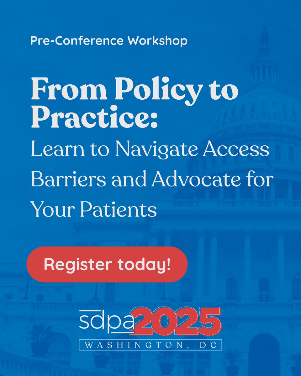 🗓️ Headed to #SDPASummer in DC? Don’t miss our Advocacy Pre-Conference Workshop on June 25!
🎯 Learn to tackle access issues, UM, AFPs &amp; more
🗣️ Share your story + network after
🎓 Earn 2 CME credits
📍3–5PM at the Marriott Marquis
#DermPA #SDPA2025 #AccessMatters