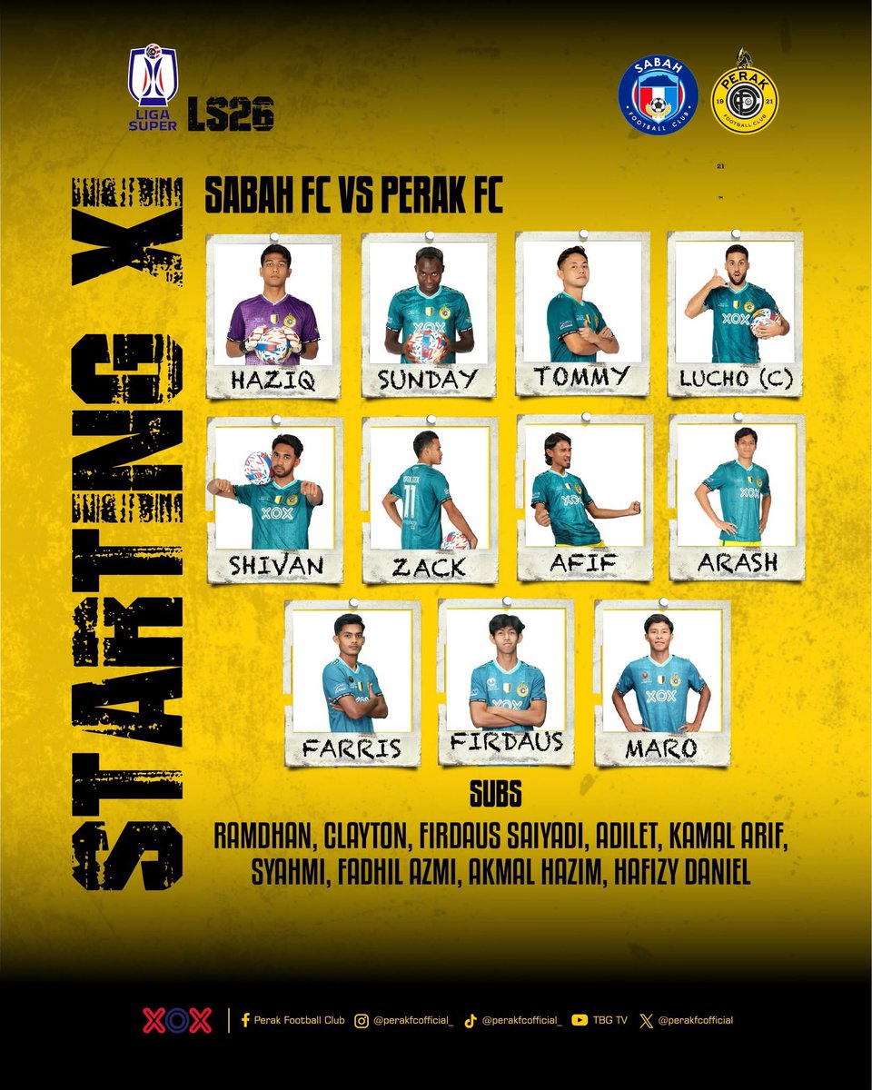 𝗦𝗧𝗔𝗥𝗧𝗜𝗡𝗚 𝗫𝗜

Senarai kesebelasan utama dan barisan simpanan pasukan Perak FC untuk perlawanan malam ini bertemu Sabah FC

🤍💛🖤

##SABvPRK