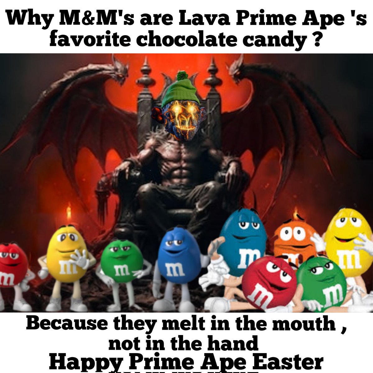 RedFurGang's tweet photo. I got a riddle for you @Pascalsp21
Why M&M's are the favorite chocolate candy for Lava skin @PrimeApePlanet ???
Happy Easter to web3 from #PrimeApePlanet
#LavaSkinPrimeApePlanet
Igot2doit
✌️👹✌️ https://t.co/P3as8V6VgO