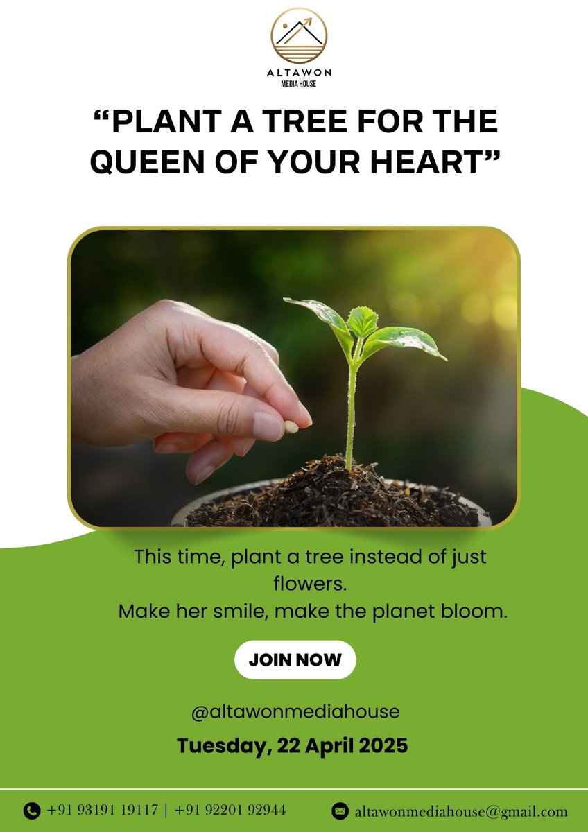 AltawonMedia's tweet image. Celebrate love and sustainability together!
Plant a tree for the queen of your heart this Earth Day – because real beauty blooms when you care for her and the planet.
Join the green movement on 22 April 2025 with Altawon Media House.
#QueenOfMyHeart #AltawonEarthDay #earthday