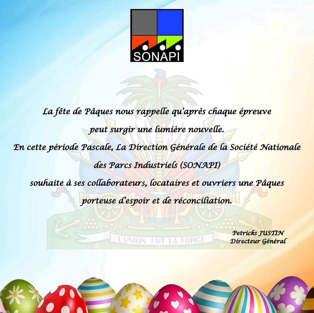 SONAPI2's tweet photo. La fête de Pâques nous rappelle qu’après chaque épreuve peut surgir une lumière nouvelle. En cette période Pascale, La Direction Générale de la Société Nationale des Parcs Industriels (SONAPI) souhaite à ses collaborateurs, https://t.co/ajZKcK1Vpe