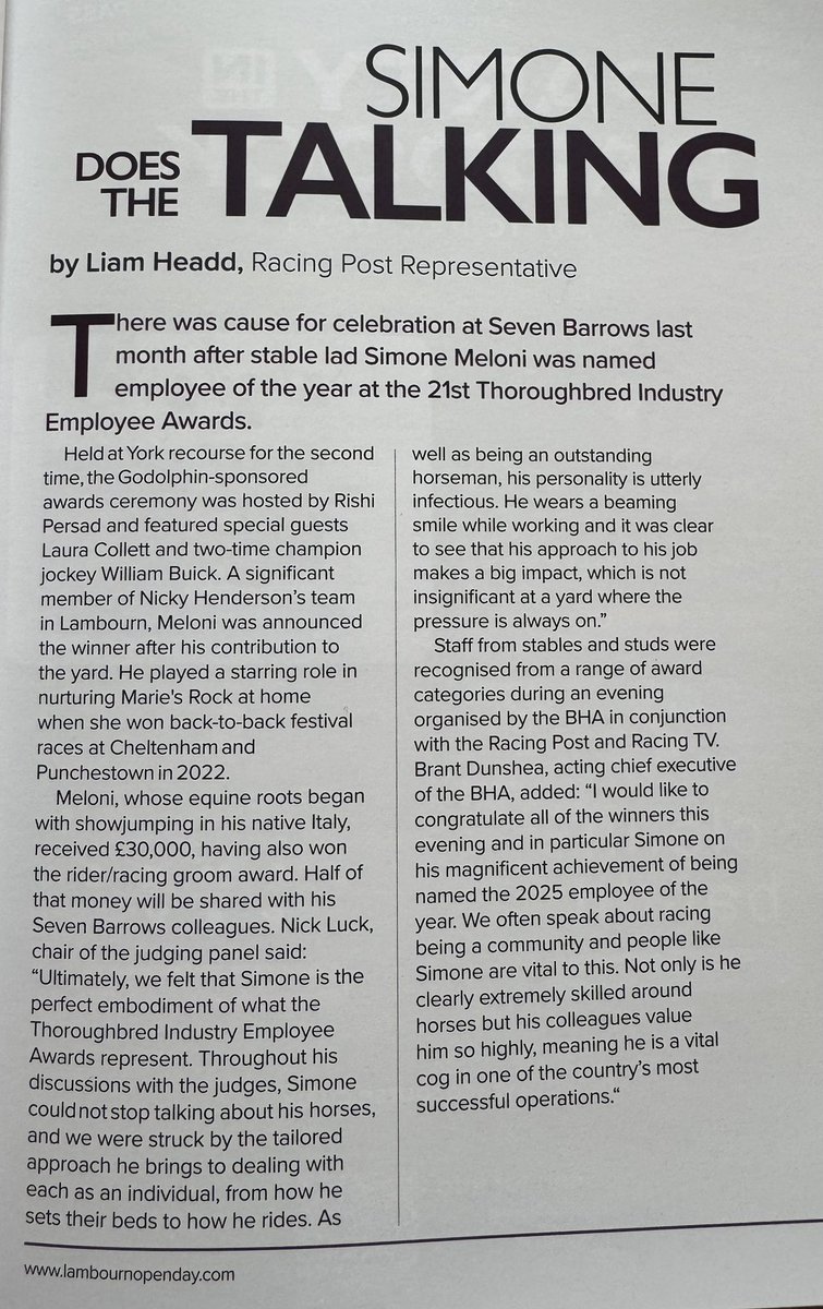 James Giblett (@james_giblett) on Twitter photo Thanks to <a href="/LambournOpenDay/">TheLambournOpenDay</a> & <a href="/LiamHeaddRP/">Liam Headd</a> for a lovely piece on 2025 #ThoroughbredAwardsGB winner Simone Meloni & <a href="/sevenbarrows/">Nicky Henderson</a> in the event programme👏
Another fantastic family day out in the Valley of the Racehorse 🐎
<a href="/BHAHorseracing/">British Horseracing Authority</a> | <a href="/godolphin/">Godolphin</a> Thanks to <a href="/LambournOpenDay/">TheLambournOpenDay</a> & <a href="/LiamHeaddRP/">Liam Headd</a> for a lovely piece on 2025 #ThoroughbredAwardsGB winner Simone Meloni & <a href="/sevenbarrows/">Nicky Henderson</a> in the event programme👏
Another fantastic family day out in the Valley of the Racehorse 🐎
<a href="/BHAHorseracing/">British Horseracing Authority</a> | <a href="/godolphin/">Godolphin</a>