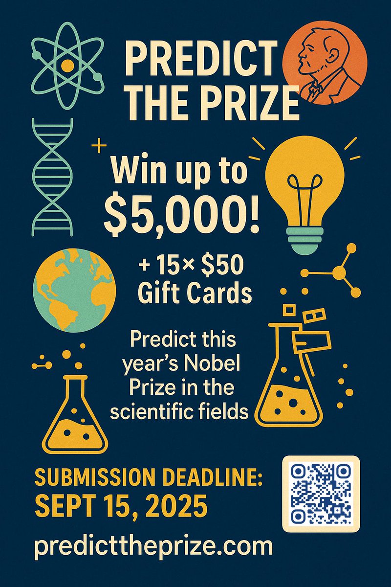 SciBridges's tweet photo. 📣 We need your help to spread the word!

Predict the Prize – A Science Challenge for High School and Undergraduate Students!

Please share these posters with your network, and encourage schools, teachers, and student groups to download, print, and hang them on student bulletin boards:

👉 https://t.co/kIpDqAU4IX

Predict the Prize, an inspiring competition that invites students to forecast the next Nobel Prize winners in science.

It’s a fun and educational way to spark curiosity, critical thinking, and engagement with groundbreaking research.

Let’s get more young minds thinking like scientists. 🚀

#ScienceEducation #STEMChallenge #NobelPrize #PredictThePrize #HighSchoolScience #UndergraduateResearch #Outreach #FutureScientists