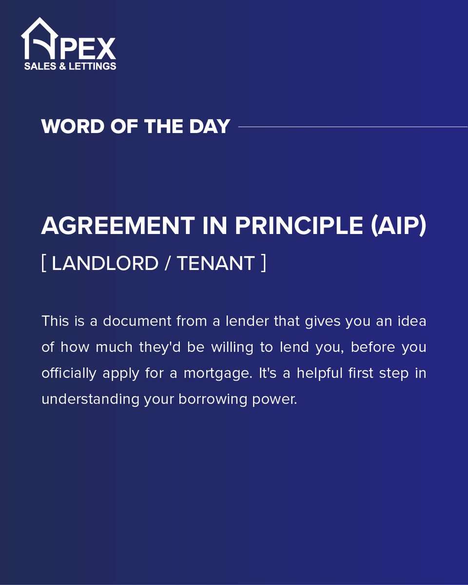 apex_lettings's tweet image. Agreement in Principle/Decision in Principle, an AIP is a statement from a mortgage lender confirming how much they&apos;d be willing to lend in principle, based on your financial situation.

Thinking about buying? Let’s talk.
📞 0121 532 2700
📧 info@lettingsbyapex.com