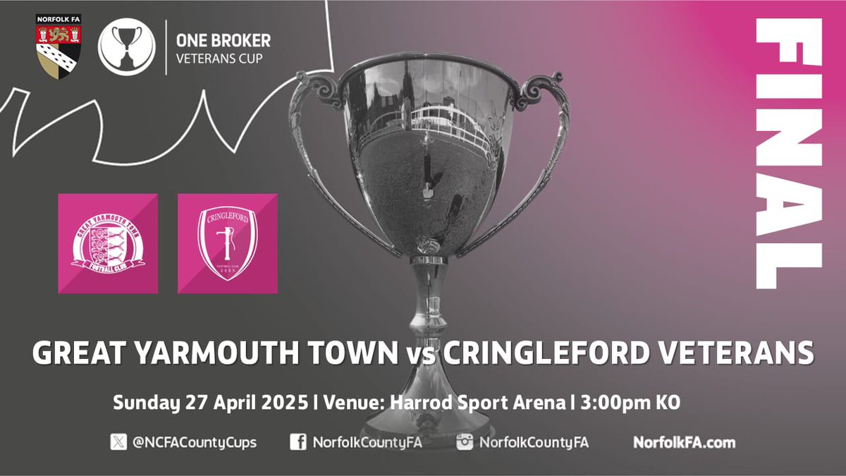 Cringleford Veterans FC …a team formed by a group of Cringleford School Dads back in 2007….have reached the County Cup Final for the 5th time in their history.
Promises to be a cracking game against Great Yarmouth next Sunday 27 April.
Your support would be most welcome!
💛💙