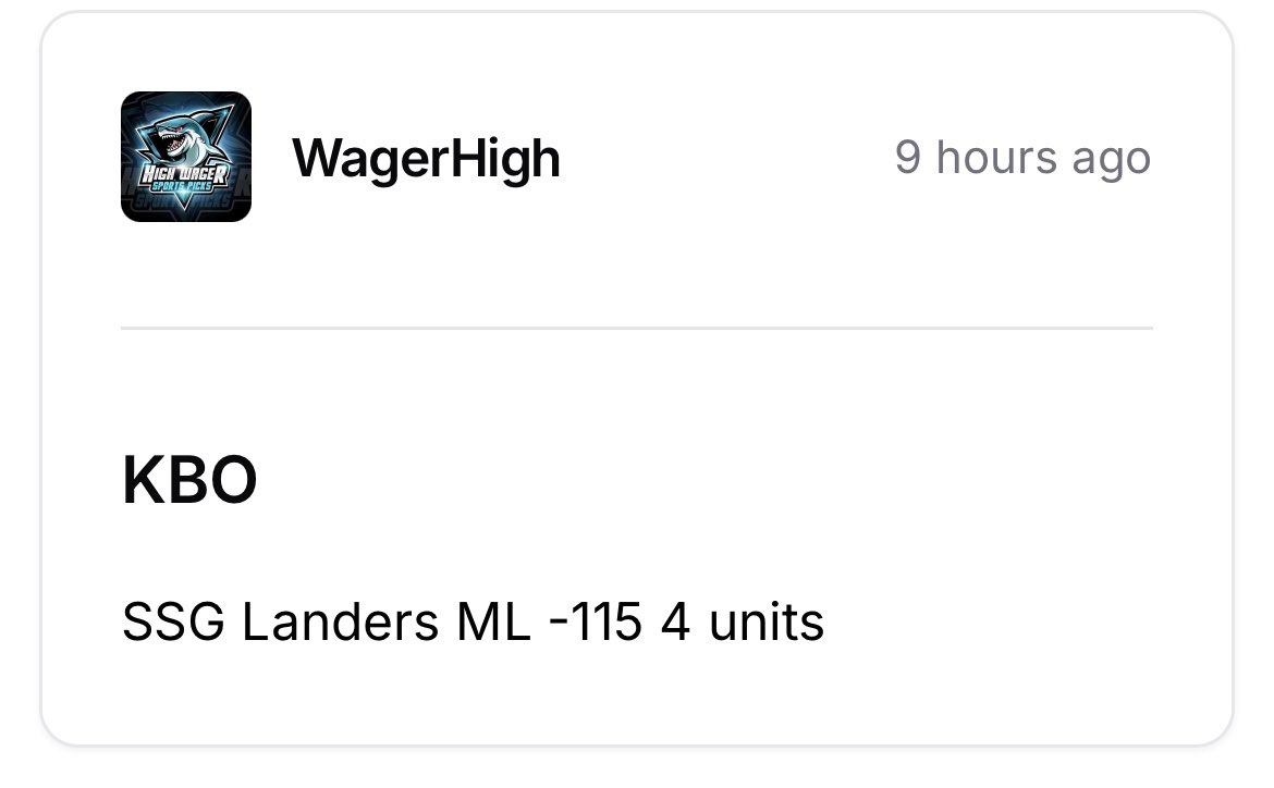 WagerHigh's tweet photo. Wake and cash ✅

KBO 

SSG Landers ML 4 unit -115 ✅ https://t.co/YjJUngpfYp