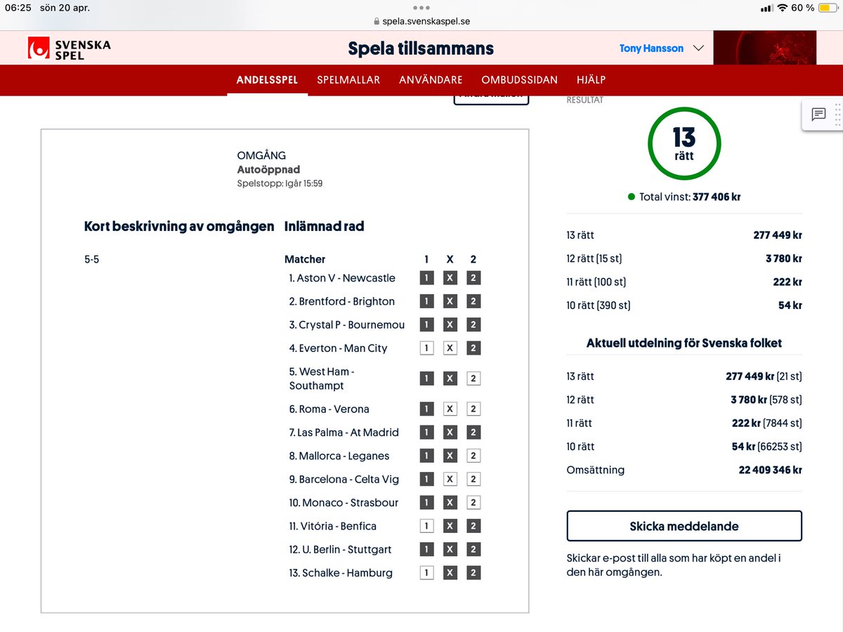 Tips_Tony's tweet image. 💥 13 RÄTT på KEJSARPINGVINEN - 377.406kr💰💰💰! 
Igår 19/4. 
GRATTIS till deltagarna🥳🥳🥳! 
Nya chanser idag på Svenska Spels hemsida. Sök på Gustavslund.
