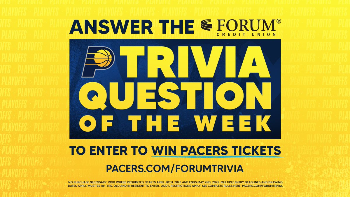 Pacers's tweet photo. It’s time for the @FORUMTalk Trivia Question of the Week! Answer for a chance to win 2 tickets to Game 2 against the Bucks on Tuesday.

How many players scored in double figures in our Game 1 win? Reply with answer + #ForumCUTriviaSweepstakes by 4pm ET to enter! (Rules: https://t.co/kk5dVkMRb5)