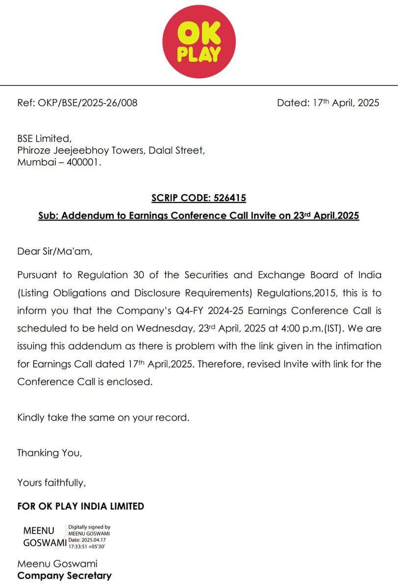 stockmarket8058's tweet image. OK Play India Ltd

💥The Company’s Q4-FY 2024-25 Earnings Conference Call is 
scheduled to be held on Wednesday, 23rd April, 2025 at 4:00 p.m.(IST).💥💥💥💥

#okplayindia
#StockMarketIndia #StocksToBuy #StocksToWatch #OptionsTrading #earnings