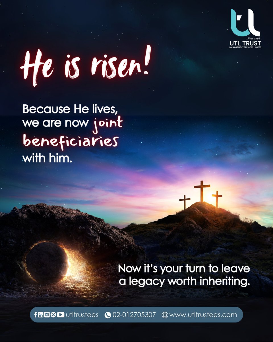 utltrustees's tweet photo. This Easter Sunday, we celebrate that because Christ lives, we have become joint beneficiaries of a promise we didn’t deserve.

You can learn from this by leaving a legacy that would impact generations to come. Secure your legacy today by setting up a Trust with us at UTL. https://t.co/90fHYKraFE