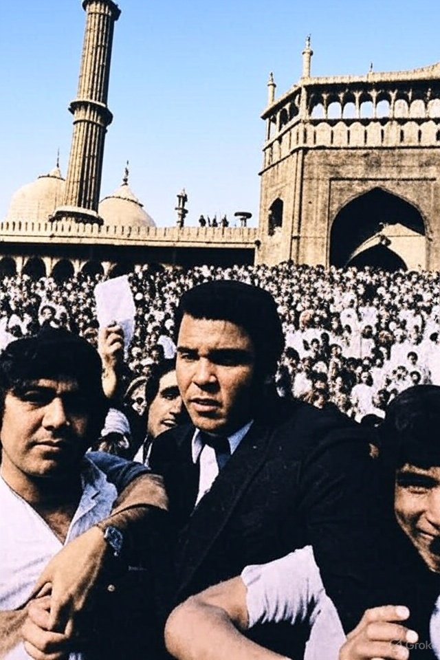Legendary boxer Muhammad Ali, warmly welcomed by an enthusiastic crowd during his visit to Jama Masjid in Delhi, India, on January 25, 1980.