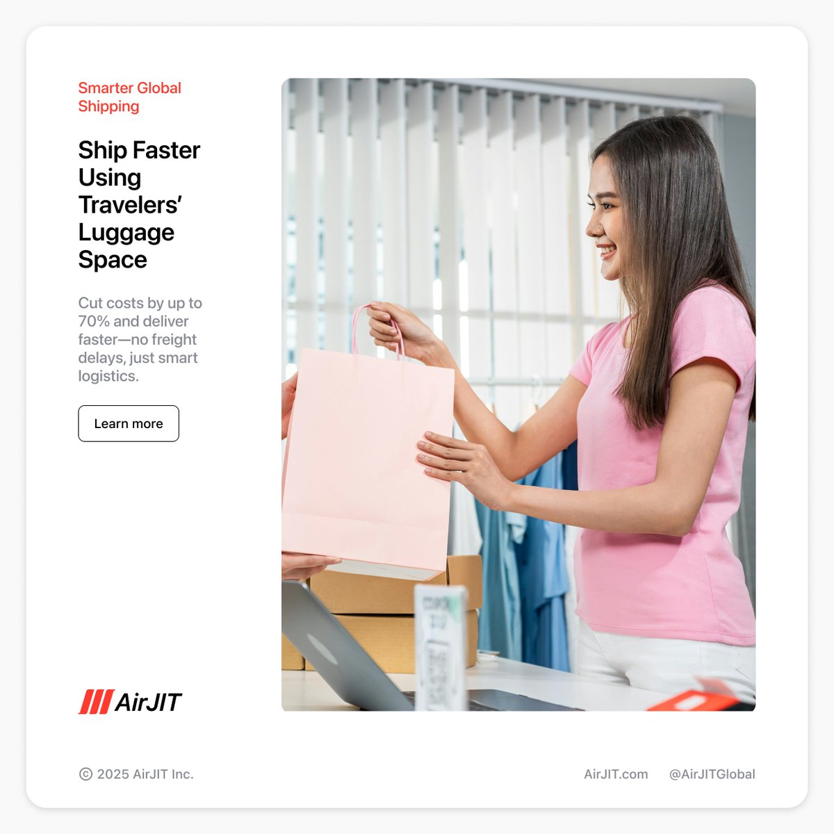AirJITGlobal's tweet photo. Faster. Cheaper. Smarter. AirJIT eliminates slow, expensive shipping by matching shipments with travelers carrying unused luggage space. No freight carriers. No warehousing. Just direct, fast, and affordable delivery. Save up to 70% on shipping costs Get deliveries in days, not weeks Would you ship smarter with AirJIT? 
Learn more: https://t.co/dfPUFnNwBv

 #AirJIT #AirJITGlobal #ShippingRevolution #FastDelivery #SmartLogistics #CrossBorderEcommerce #EcommerceGrowth #SupplyChainSolutions #FreightInnovation #FastShipping #SmartLogistics #EcommerceSolutions #BaggageMonetization #FreightRevolution #ShippingSolutions
@amazon @Shopify @AlibabaGroup @eBay @FedEx  @UPS @DHLGlobal