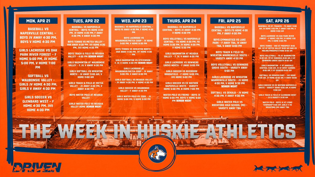 Naperville North Athletics (@nnhs_athletics_) on Twitter photo Huskie Athletics Weekly Schedule
Week of April 21
<a href="/NapervilleNort1/">Naperville North Baseball</a> <a href="/nnhssoftball/">Jerry Kedziora</a> <a href="/NNHSGirlsLax/">NNHS Girl's Lacrosse</a>
<a href="/1HUSKIESLAX/">NN Huskies Lacrosse</a> <a href="/NNHSbadminton/">NNHS Badminton</a> <a href="/NnhsTrack/">NNHS XC & TF</a>
<a href="/GirlsTrackNNHS/">NNHS Girls T&F</a> <a href="/nngirlswapo/">NNHS G Water Polo</a> <a href="/NNHSboyspolo/">NNHS Mens Water Polo</a>
<a href="/nnhsboystennis/">Naperville North Boys Tennis</a> <a href="/NNHSGirlsSoccer/">NNHS Girls Soccer</a> <a href="/nnhsboysvb/">Naperville North Boys' Volleyball</a>
Driven to COMPETE Huskie Athletics Weekly Schedule
Week of April 21
<a href="/NapervilleNort1/">Naperville North Baseball</a> <a href="/nnhssoftball/">Jerry Kedziora</a> <a href="/NNHSGirlsLax/">NNHS Girl's Lacrosse</a>
<a href="/1HUSKIESLAX/">NN Huskies Lacrosse</a> <a href="/NNHSbadminton/">NNHS Badminton</a> <a href="/NnhsTrack/">NNHS XC & TF</a>
<a href="/GirlsTrackNNHS/">NNHS Girls T&F</a> <a href="/nngirlswapo/">NNHS G Water Polo</a> <a href="/NNHSboyspolo/">NNHS Mens Water Polo</a>
<a href="/nnhsboystennis/">Naperville North Boys Tennis</a> <a href="/NNHSGirlsSoccer/">NNHS Girls Soccer</a> <a href="/nnhsboysvb/">Naperville North Boys' Volleyball</a>
Driven to COMPETE