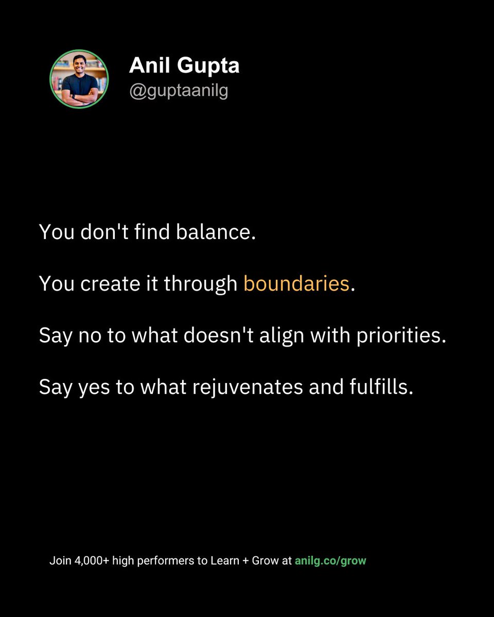 You don't find balance.

You create it through boundaries.

Say no to what doesn't align with priorities.

Say yes to what rejuvenates and fulfills.